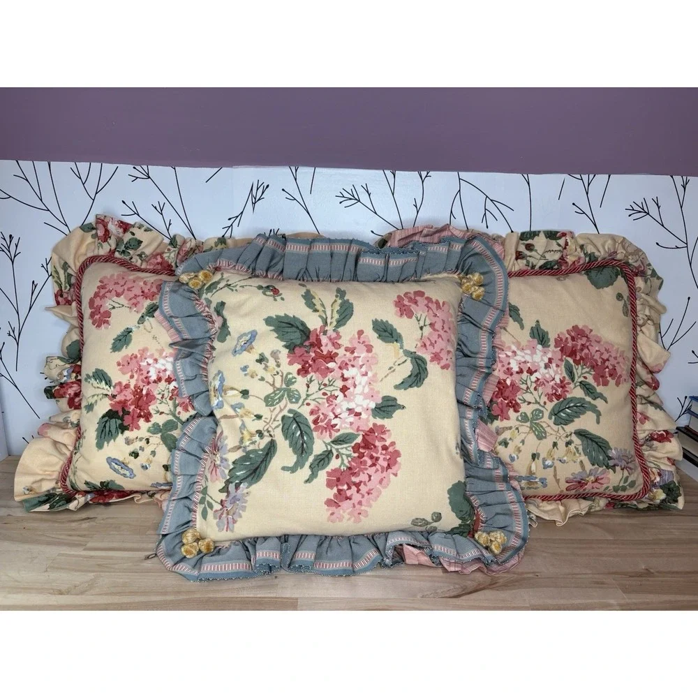 VTG Floral Shabby Chic Ruffled Corded Pillows 18x18 Set of 3 Granny/Cottage Core